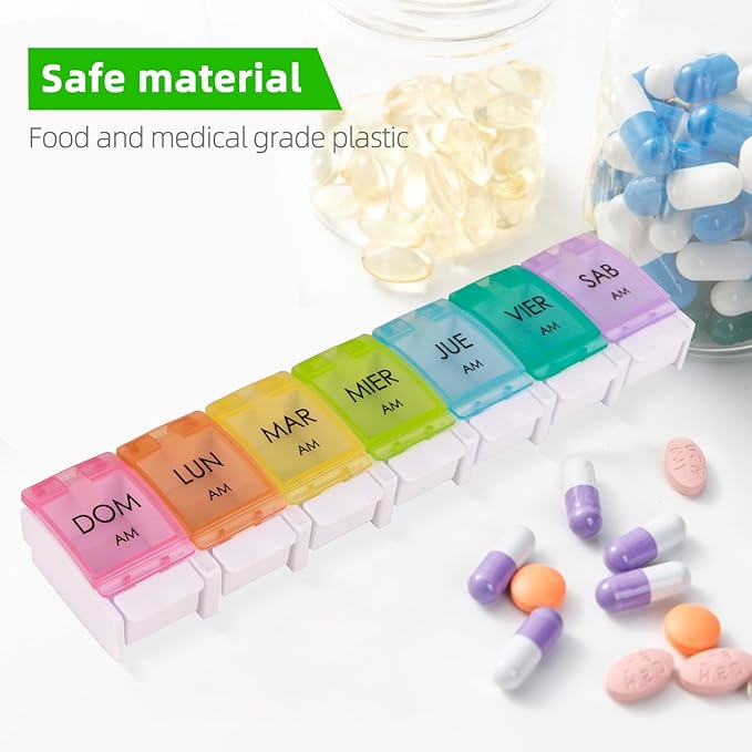 Spanish Pill Organizer 7 Weekly Two Times per Day AM PM with Spring Open Design, Medication Organizer Spanish, Vitamin Planner, Organizador de Pastillas en Español, Spanish Pill Box