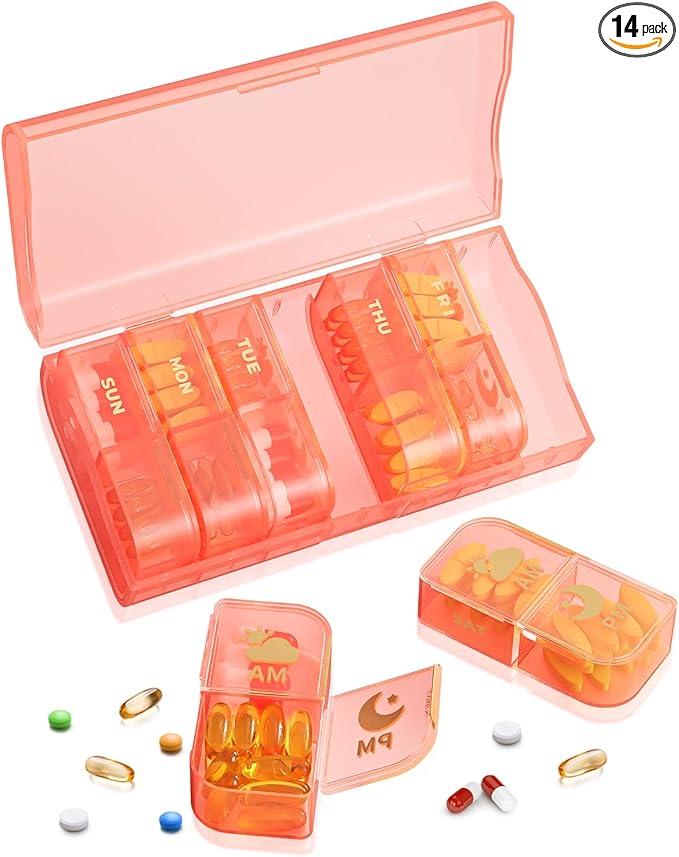 Weekly Pill Organizer 2 Times a Day, 7 Day AM/PM Pill Box, Portable Medication Dispenser with Child-Resistant Latch, BPA-Free, Travel, Office, Pets, Emergency Use (Pink)