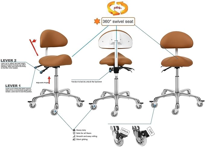Saddle Stool Chair With Back Support - Ergonomic Rolling Saddle Stools with Wheels Heavy Duty Hydraulic Swivel Adjustable Stool Esthetician Chair for Massage Hair stylist Salon Tattoo office (Camel)