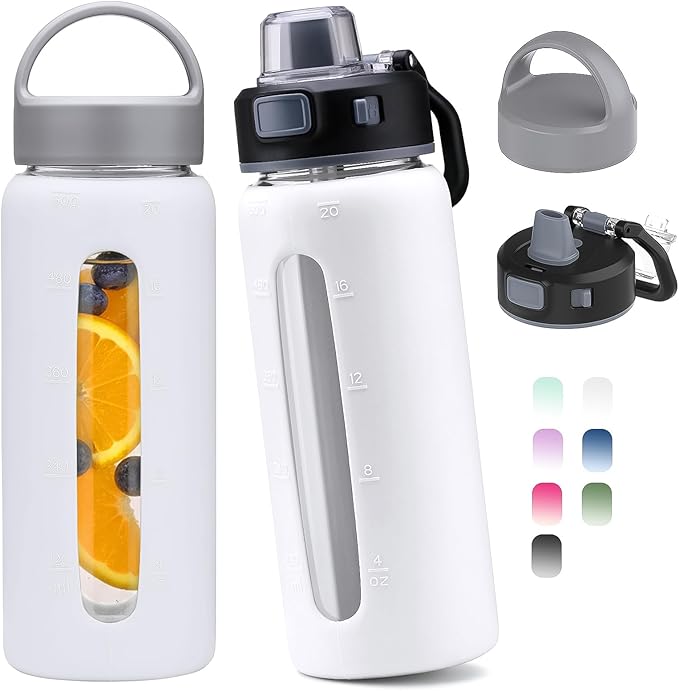 Kodrine 20oz Glass Water Bottle with Straw-2 Lids for Easy Carry, with Handle, Silicone Sleeve & Time Marker, Reusable Glass Drinking Bottle for Home,Office,Outdoors, Cupholder Friendly-White