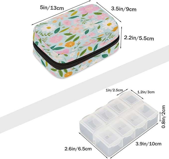 Beautiful Flowers Spring Pill Case Travel Pill Organizer Weekly 7 Day Portable with Zipper Medicine Box Pill Case for Vitamins, Birth Control,Fish Oils,Medication, Supplements