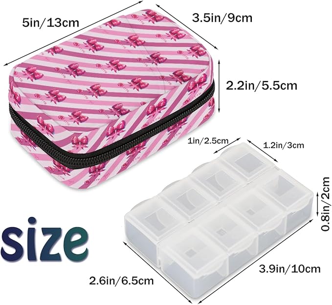 Pink Bow Diagonal Stripes Travel Pill Organizer Box Weekly Portable Pill Case Daily Pills 7 Day Small Birth Control Pills Container Removable Compartments for Medicine Vitamins Fish Oil
