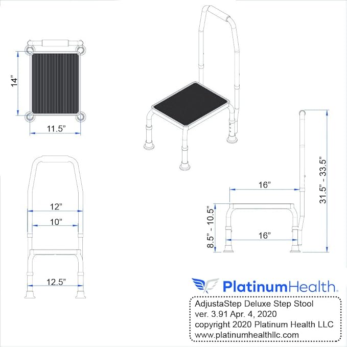 Platinum Health AdjustaStep BARIATRIC Deluxe Step Stool/Footstool with Handle/Handrail, Height Adjustable. 2 Products in 1. Modern White/Blue Design. Padded Non-Slip Handle. 750lb Capacity.