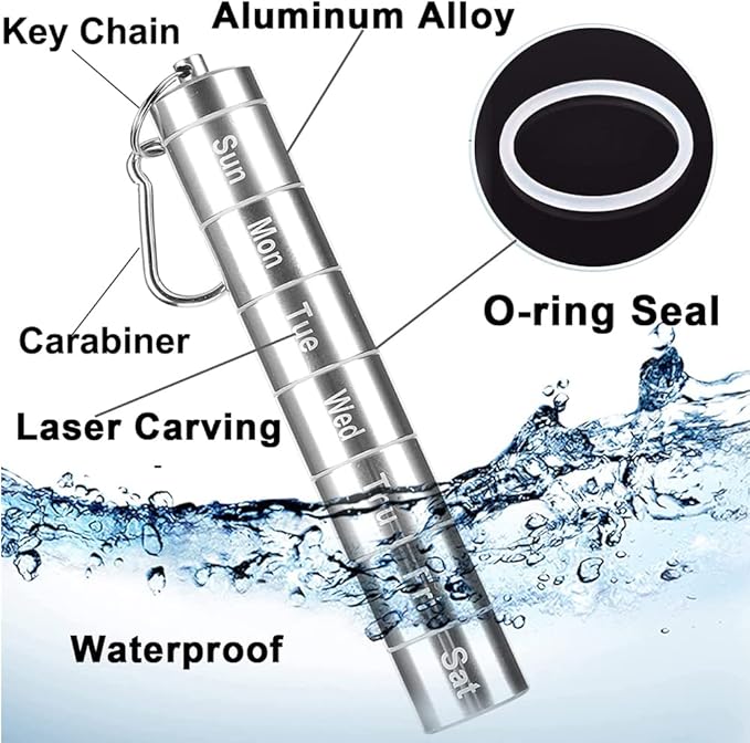 Tvoip Portable Pill Case Keychain Waterproof 7 Days Pill Holder Travel Pill Container Portable Medicine Keychain Daily Airtight Pill Organizer for Outdoor Camping Travel (Silver)