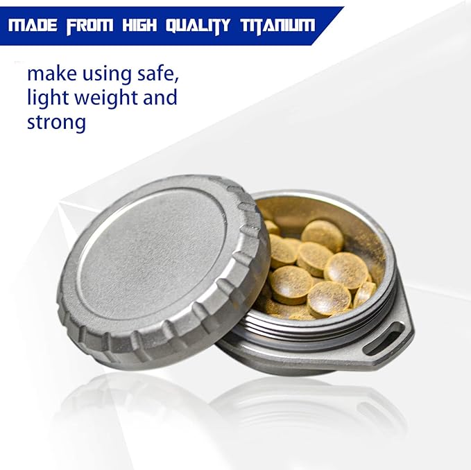 Titanium Waterproof Pill Case Travel Pill Organizer Bottle EDC Capsule Container Portable Pocket Metal Box with Chain for Camping, Hiking, Fishing, Magnetic Polishing