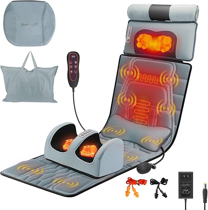 Full Body Massage Mat with Heat, Detachable Neck Massager & Foot Massager, Full Body Vibration Massage Mats with Lumbar Pillow, 9 Vibration 3 Timer Settings, Gift for Men Women