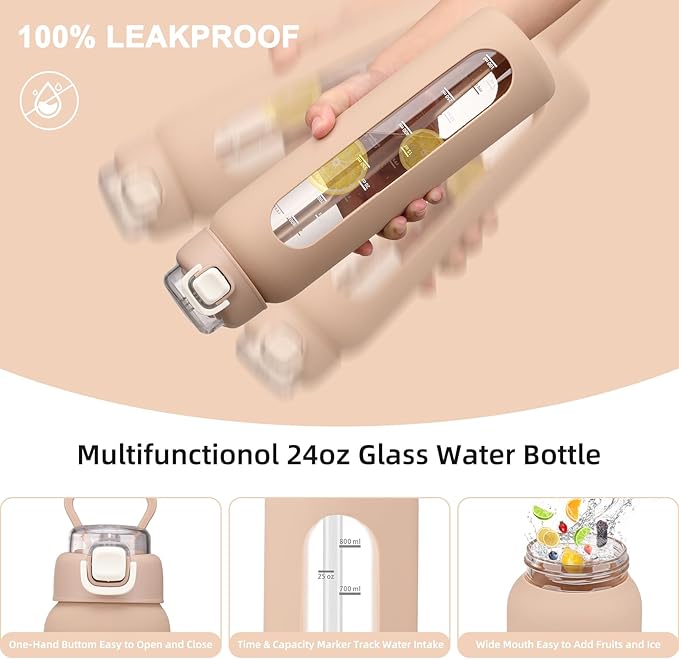 24 oz Glass Water Bottles with 2 Lids-Handle Spout Lid & Straw Lid, Motivational Water Bottle with Time Marker and Silicone Sleeve,Leakproof-Amber-1 Pack