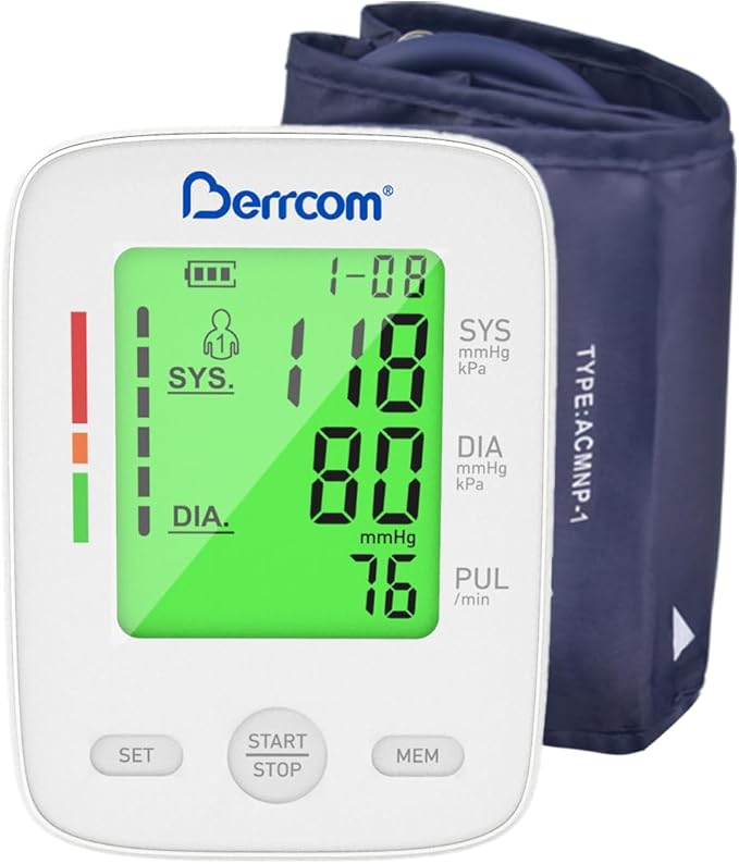 Berrcom Upper Arm Blood Pressure Monitor for Home Use, Automatic Digital BP Machine with Large LED Backlit Display, 2×99 Memory, Adjustable Cuff (8.7"-15.7"), Storage Bag