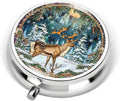 Portable Round 3 Compartment Metal Pill Box Features A Reindeer in A Snow Covered Forest Ideal for Winter Outings Outdoor Adventures and Holiday Gifts