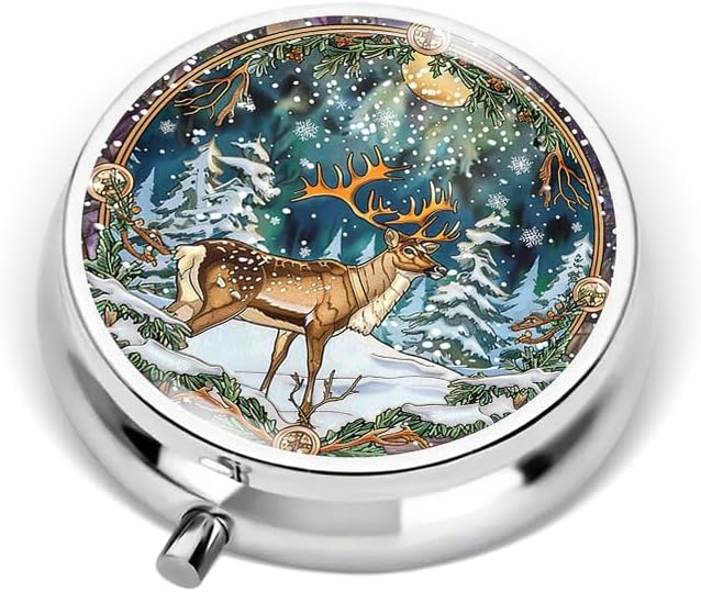 Portable Round 3 Compartment Metal Pill Box Features A Reindeer in A Snow Covered Forest Ideal for Winter Outings Outdoor Adventures and Holiday Gifts