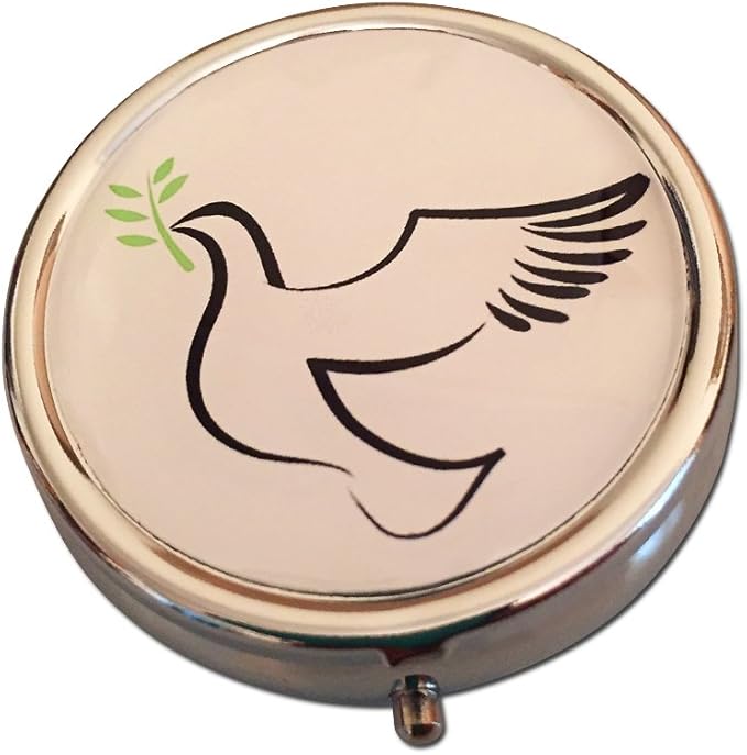 Dove with Olive Branch Round 3-Compartment Chrome Pill Box – Metal Travel Medicine Organizer for Pills, Vitamins, and Small Items – Durable Compact Pill Case
