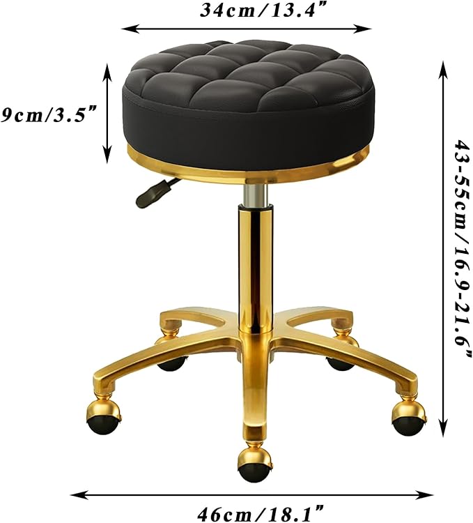 Rolling Stool Gold Vanity Stool with Wheels, Pedicure Massage Roller Stools, PU Leather Round Swivel Salon Spa Chair, Titanium Gold Base, Height Adjustable 43-55 cm (Black)