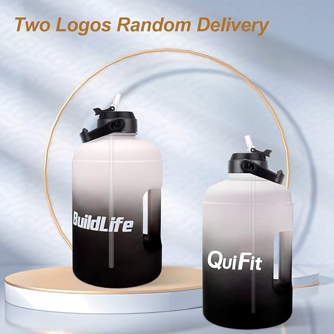 QuiFit 1 Gallon Water Bottle - with Straw & Motivational Time Marker Leak-Proof BPA Free Reusable Gym Sports Outdoor Large(128OZ/73OZ) Capacity Water Jug