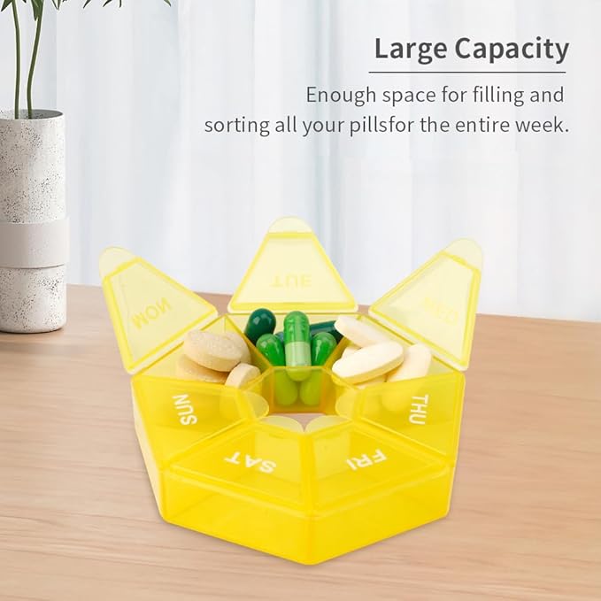 Pill Organizer 2 Pack - Weekly 7 Day Small Case for Medicine, 1 Time a Day Container, Travel Holder (Yellow)