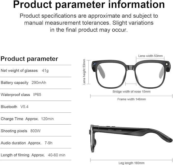AI Smart Glasses with Camera, 8MP HD Camera Glasses with Video Recording Dual Mic, Real-time Translation & AI Voice Assistant, Identify Objects, IP65 Waterproof, Ideal for Travel & Meetings