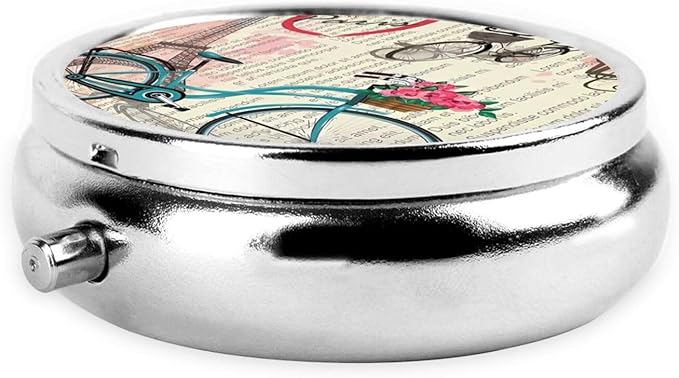 Eiffel Tower Bike Printed Round Travel Pill Box Cute Small Metal Pocket Pill Case for Men & Women 3 Compartment Portable Pill Organizer for Purse or Pocket