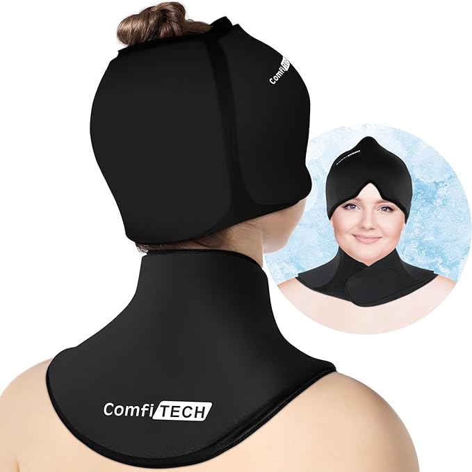 ComfiTECH Cold Cap and Neck Ice Pack Wrap Gel Combo, Care Package for Head and Cervical, Black, Large