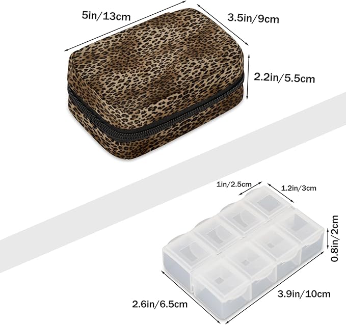 Leopard Print Brown Pill Case Everyday Travel, 7 Day Weekly Medicine Pill Box Compact Portable Pills Bottle Organizer with Zipper for Daily Vitamin Medicine Holder Bottle Organizers Bag