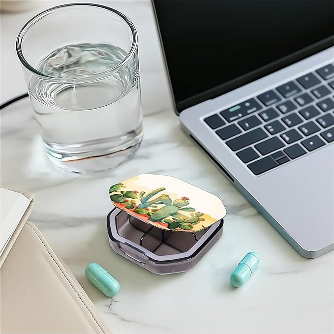 This Portable Cacti in The Desert Pattern 4 Compartment Pill Box Can Be Placed in A Pocket Or Wallet to Store Vitamins, Medicines Health Supplements Other Medications.