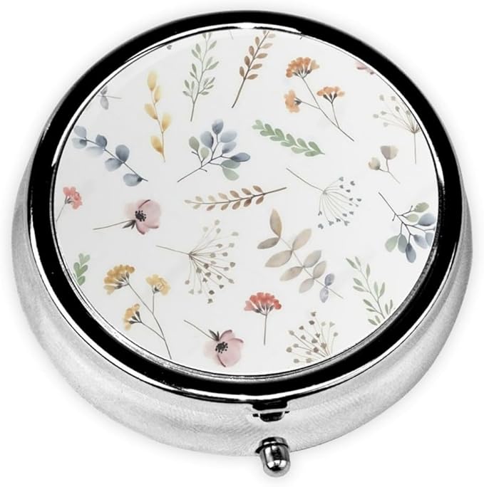Pill Box 3 Compartment Pocket Small Pill Organizer Mini Metal Pill Holder Travel Portable for Man Woman - Cute Small Flower