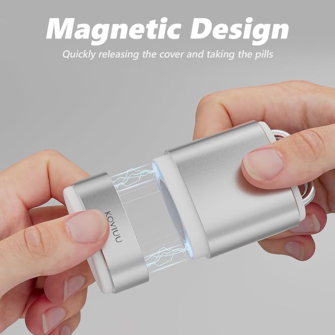 Keychain Pill Holder Necklace, KOVIUU Magnetic Pill Organizer, Aluminum Pill Case, Mini Metal Pill Box, Nitroglycerin Emergency Medicine Carrier Key Chain Container for Purse Pocket, Silver