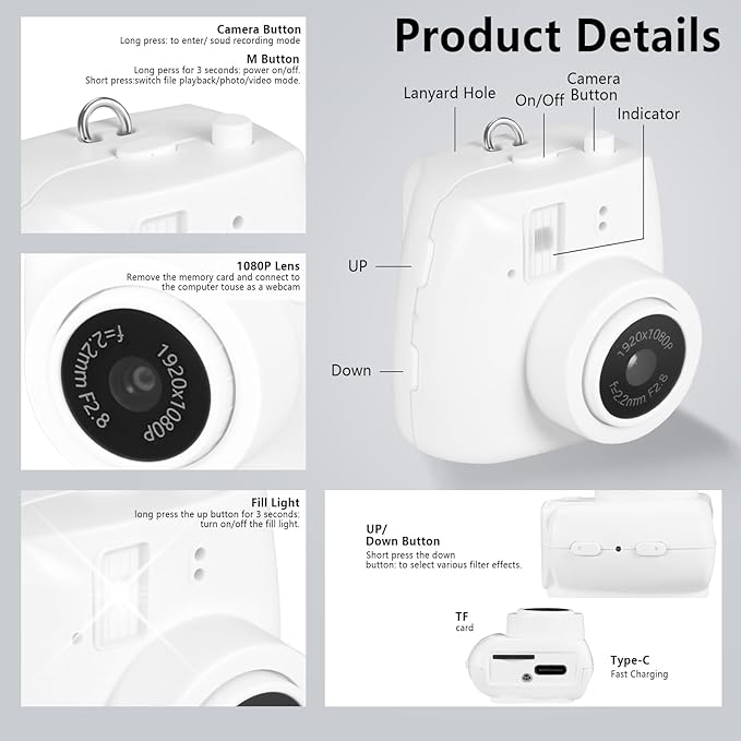 Mini Keychain Camera, FHD 1080p 8MP Mini Digital Camera with 32GB SD Card, 0.96" HD Display, 100 Mins Battery Life for Travel Recording Birthday Gifts (Unzip, White)