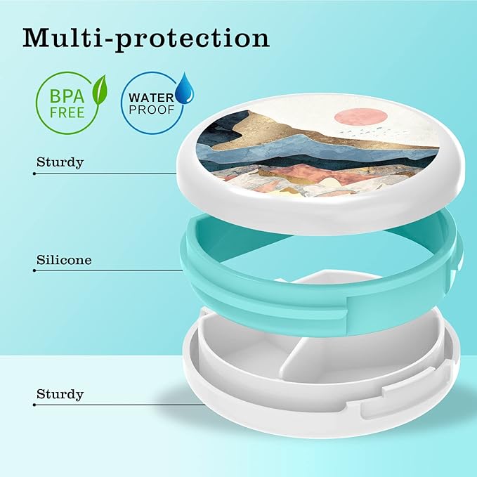 Serfeymi Small Pill Box - 3 Compartments Portable Pill Box for Purse Pocket, Compact Mini Travel Pill Case - Suitable for Medicine, Vitamin, Fish Oil, Supplements - White(Mountain Sunrise)