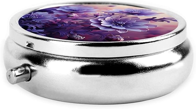 Purple Flower Pattern Print Pill Box 3 Compartment Small Pill Case Portable Pill Box for Pocket Or Purse Cute Medicine Organizer Holder to Hold Vitamins Medication