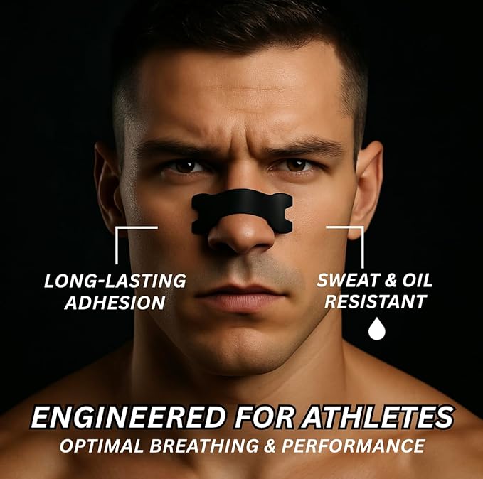 Nose Strips for Breathing with Extra-Strength Tension Core (90 Count) - Oil & Sweat Proof Adhesive - Athletic Nasal Strips for Snoring & Sleeping - Black, Wide, Universal Fit