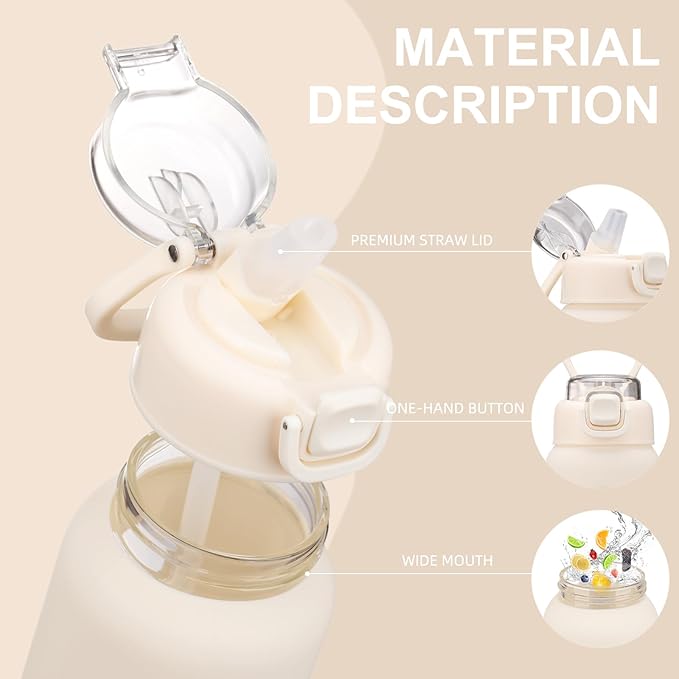 24 oz Glass Water Bottles with 2 Lids-Handle Spout Lid & Straw Lid, Motivational Water Bottle with Time Marker and Silicone Sleeve,Leakproof-White-1 Pack