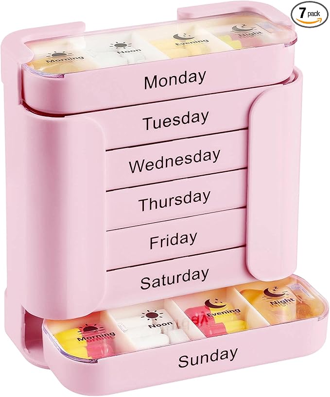 Stay on Track - 7-Day Medication Organizer, Weekly Pill Organizer, 7 Stackable Compartments Four Times-a-DayWeekly Individual Medicine Pill Boxes Cases Organizers with Large Compartments (Pink)