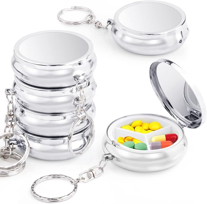 6 Pack Metal Pill Case Round Medicine Holder Container Keychain Mini Drug Tablet Organizer Box with 3 Compartments for Pocket Purse Travel Outdoor Daily