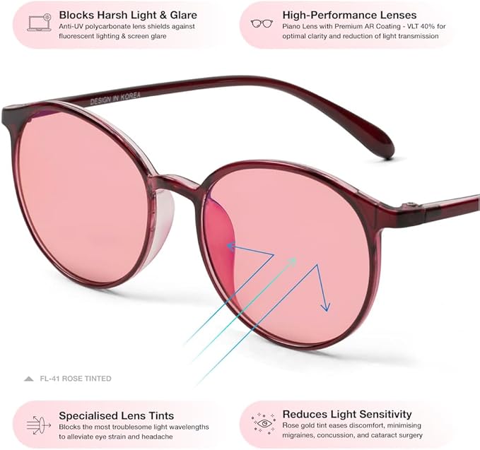BRADDELL Indoor FL-41 Rose & Outdoor FL-60 Brown Tinted Migraine Light Sensitivity Glasses for Fluorescent LED Glare, Photophobia and Concussion (MEDIUM)
