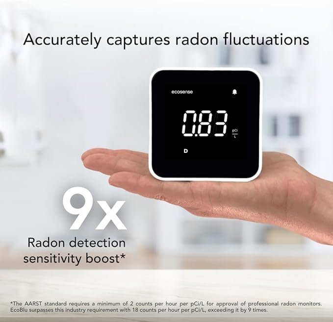 Ecosense EB100 EcoBlu, Home Radon Detector, Capture & Display Results Every 10 Minutes, Short & Long-Term Continuous Monitoring, Easy to Use