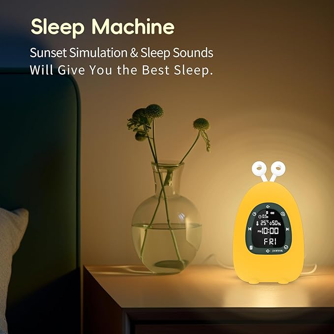 Sunrise Alarm Clock Wake Up Light, White Noise Sound Machine with 20 Soothing Sounds, 10 Night Lights, Bluetooth Speaker/Temp & Humidity/Rechargeable, Dimmable Clock Gift for Baby Kids Adults