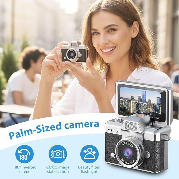Mini Camera with Flip Screen, 2026 New Mini Digital Camera with 1.47 in LCD Screen, 1080P FHD Recording with 0.96" IPS Screen with 6 Retro Filters AVI, 32GB No Memory Card Included (Purple)
