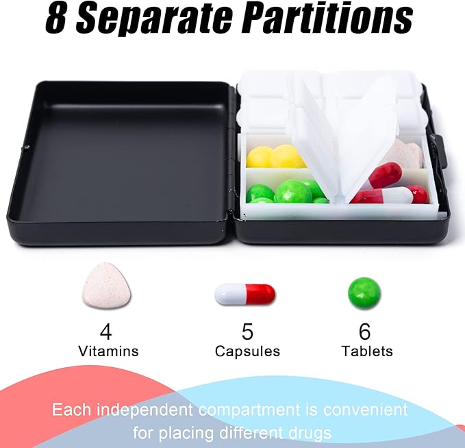 Fashion Elegant Medicine Portable Double Protection Switch Metal Travel Pill Box (7 Days) /8 Compartment (786822, Black)