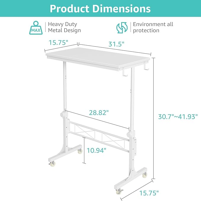 Small Portable Treadmill Walking Pad Desk on Wheels, 32 Inch White Adjustable Height Mobile Rolling Standing Teacher Desks, Couch Sofa Side Laptop Stand Up Table for Bedroom, White