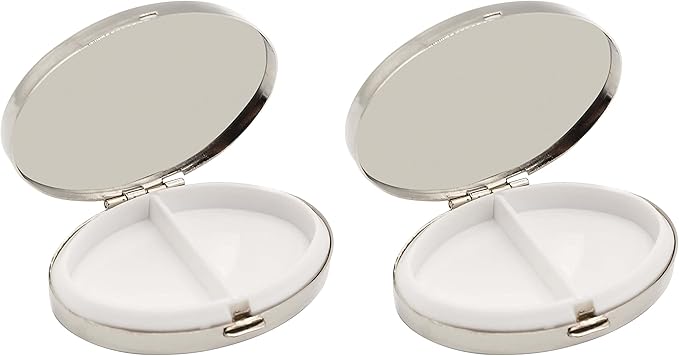 Set of 2 Oval-Shaped Pocket Purse Pill Box & Organizer with Dual Compartments (Silver Victorian)