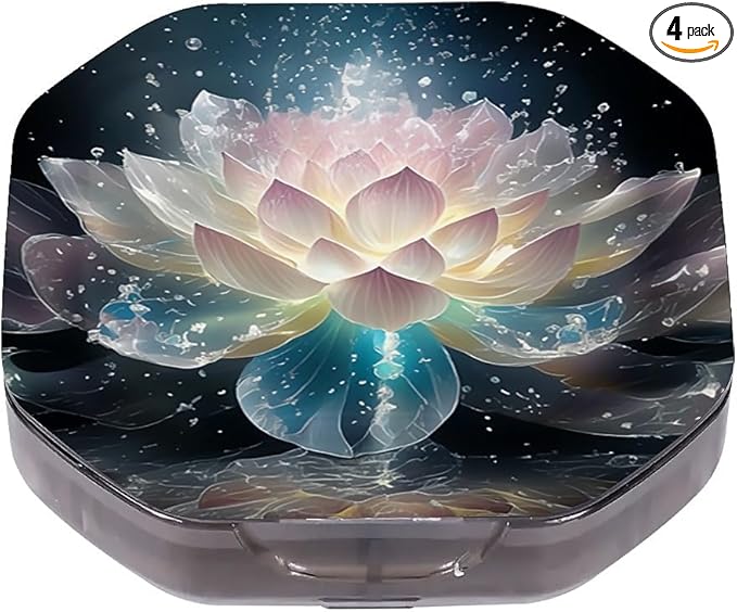 This Portable Crystal Lotus Flower Pattern 4 Compartment Pill Box Can Be Placed in A Pocket Or Wallet to Store Vitamins, Medicines Health Supplements Other Medications.