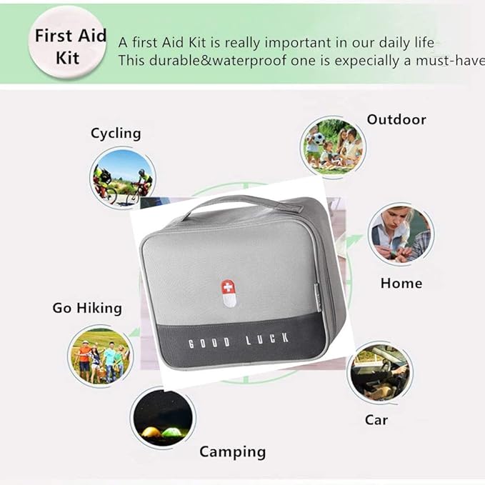 First Aid Kit Bag Empty Travel Medication Pouch Big Zippered Oxford Medical Survival Kit Carrier Handy Medicine Pills Drugs Package Organizer with 5 Pocket+1 Main Holder-9.8x7.9x5.3Inch (Gray-L)