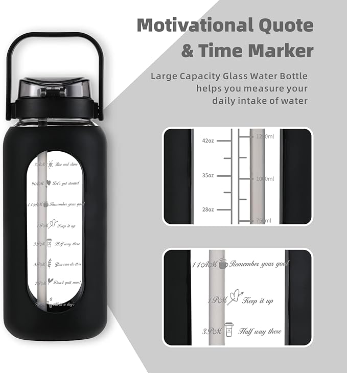 Glass Water Bottle with Straw and Handle Lid Half Gallon Motivational Glass Bottle with Silicone Sleeve and Time Marker Large Reusable Sports Water Jug for Gym Home Workout