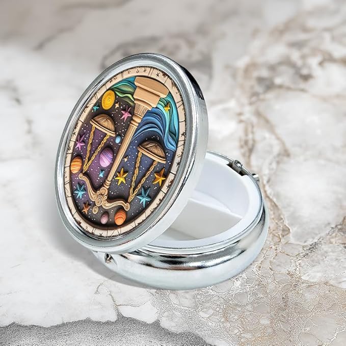 Portable Round 3 Compartment Metal Pill Box Fair Libra Zodiac Print for Kitchen Office Coffee Cafe Use