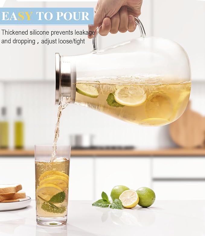 LUNA & MANTHA Glass Pitcher with Lid, 86oz Glass Water Pitcher, Large Hot Cold Water Jug, Borosilicate Drink Jug for Iced Tea, Sangria and Coffee Beverage Carafe with 2 Silicone Rings