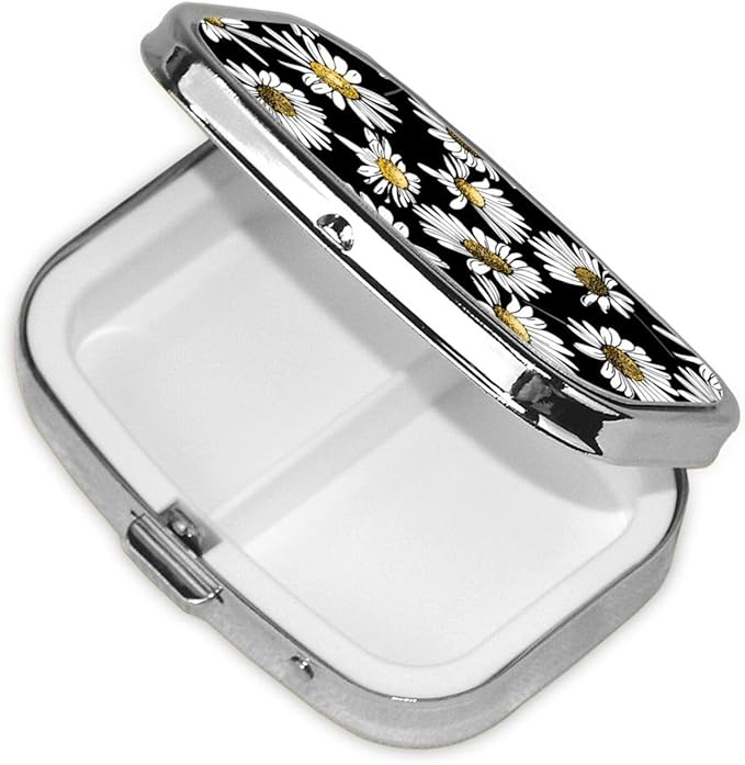 Pill Case Pill Box with Mirror Silver Pocket 2 Compartment Medicine Case Vitamin Pill Organizer for Pocket Purse and Travel Gifts - Floral Chamomile Or Daisy Flowers Black