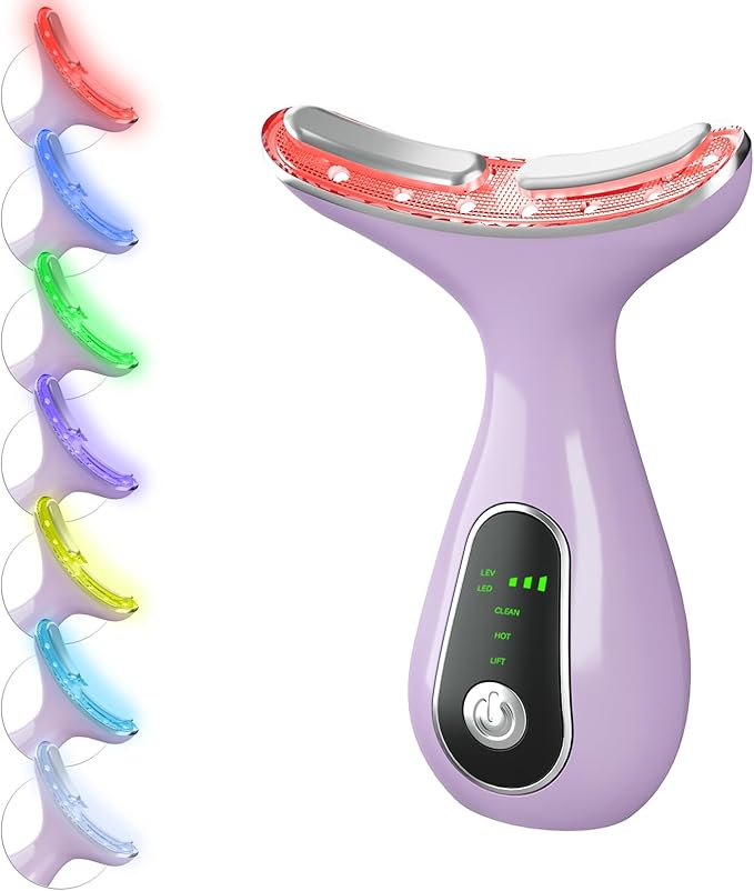 Facial Massager 7 Color Face Lift Device for Face and Neck Massage with 113°F & Vibration & Clean 3-in-1 Multifunctional Wand for Skin Care (Purple)