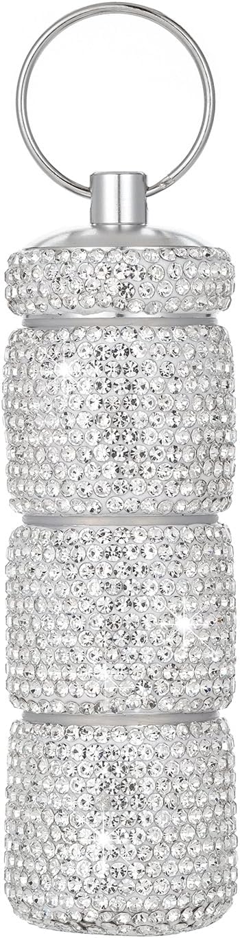 Keychain Pill Holder Box Travel Small Pill Case Bling Portable Purse Medicine Case Container Metal Pill Organizer Fob for Vitamin Medicine(Silver)