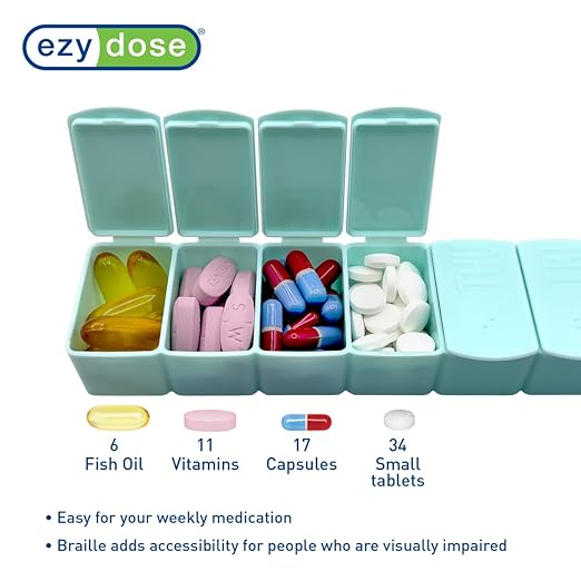 EZY DOSE Weekly (7-Day) Daily Pill Case, 2-Pack of Embossed Matte Pill Case, Daily Medicine & Vitamin Organizer Box, Large Easy-Open Compartments, BPA-Free Medication Planner for Travel, Cream & Teal