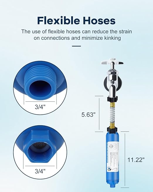 RV Inline Water Filter with 2 Flexible Hose Protector, Reduces Chlorine, Bad Taste, Corrosion, Rust, Sediments and Turbidity, Ideal for RVs, Garden, Gardening, Car Washing, Planting, 2 Pack