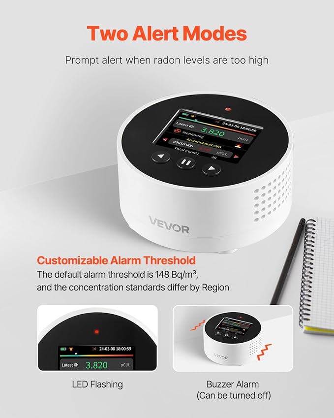 VEVOR Radon Detector for Home, Portable Radon Gas & Air Quality Monitor with LCD Color Display, Visual & Audible Alarms, Long-Term Monitoring, Battery Operated or Wired Use